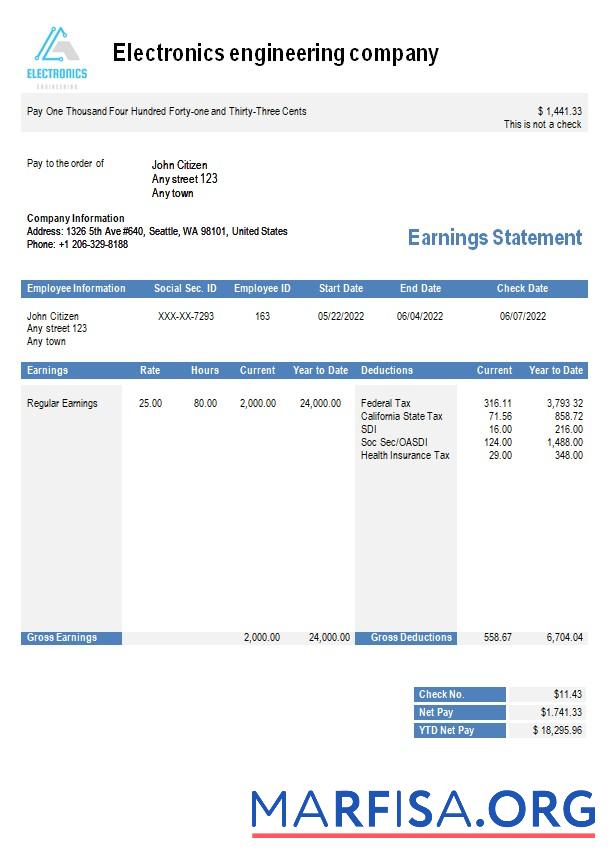 Downloadable Electronics engineering company earning statement template